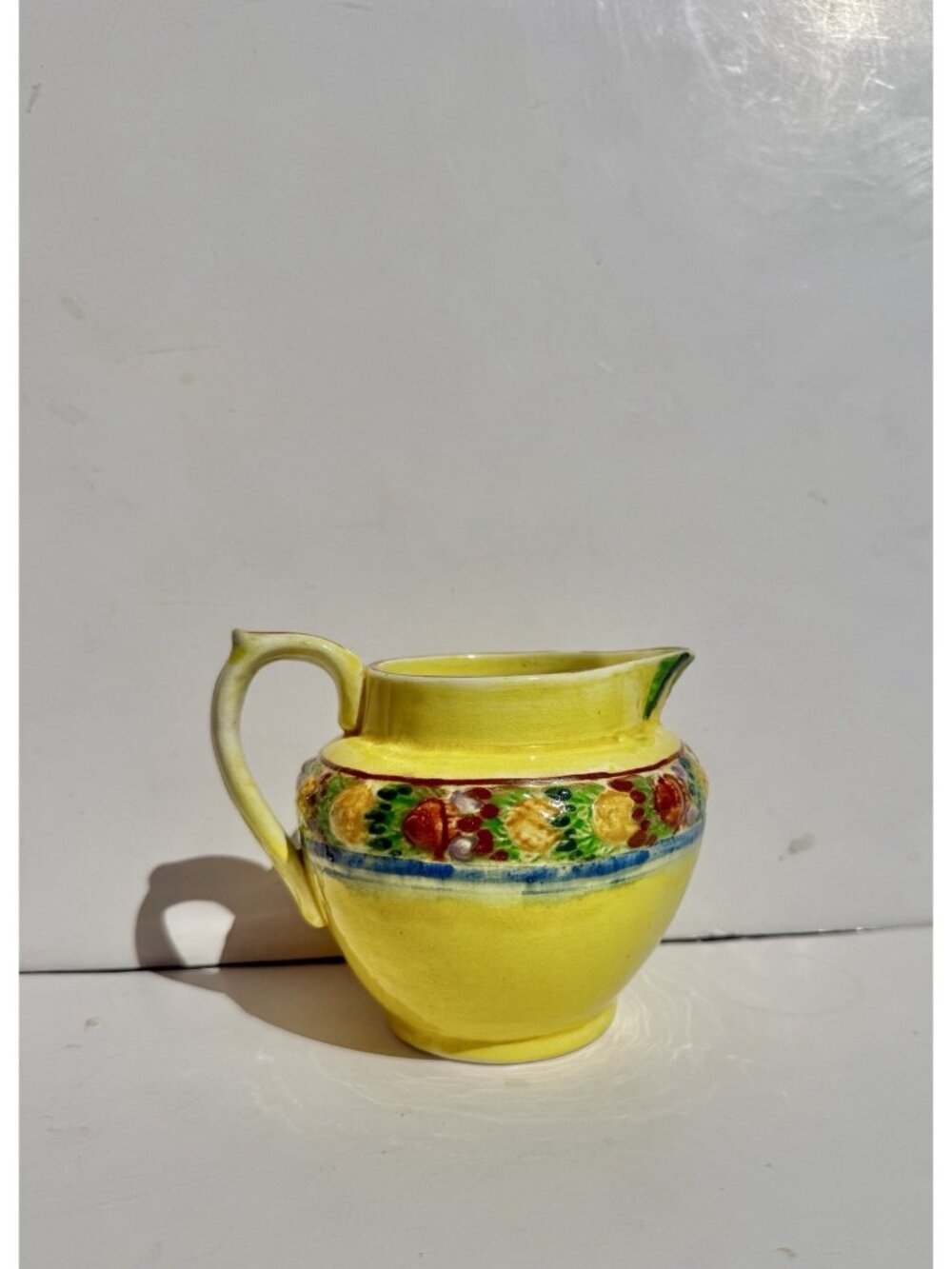 Vintage Hand Painted Yellow Ceramic Pitcher Fruit Pattern  Country Kitchen Japan